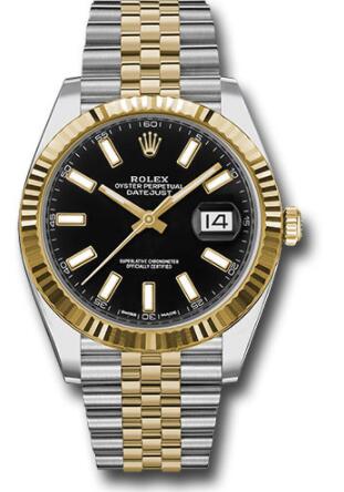 Replica Rolex Steel and Yellow Gold Rolesor Datejust 41 Watch 126333 Fluted Bezel Black Index Dial Jubilee Bracelet
